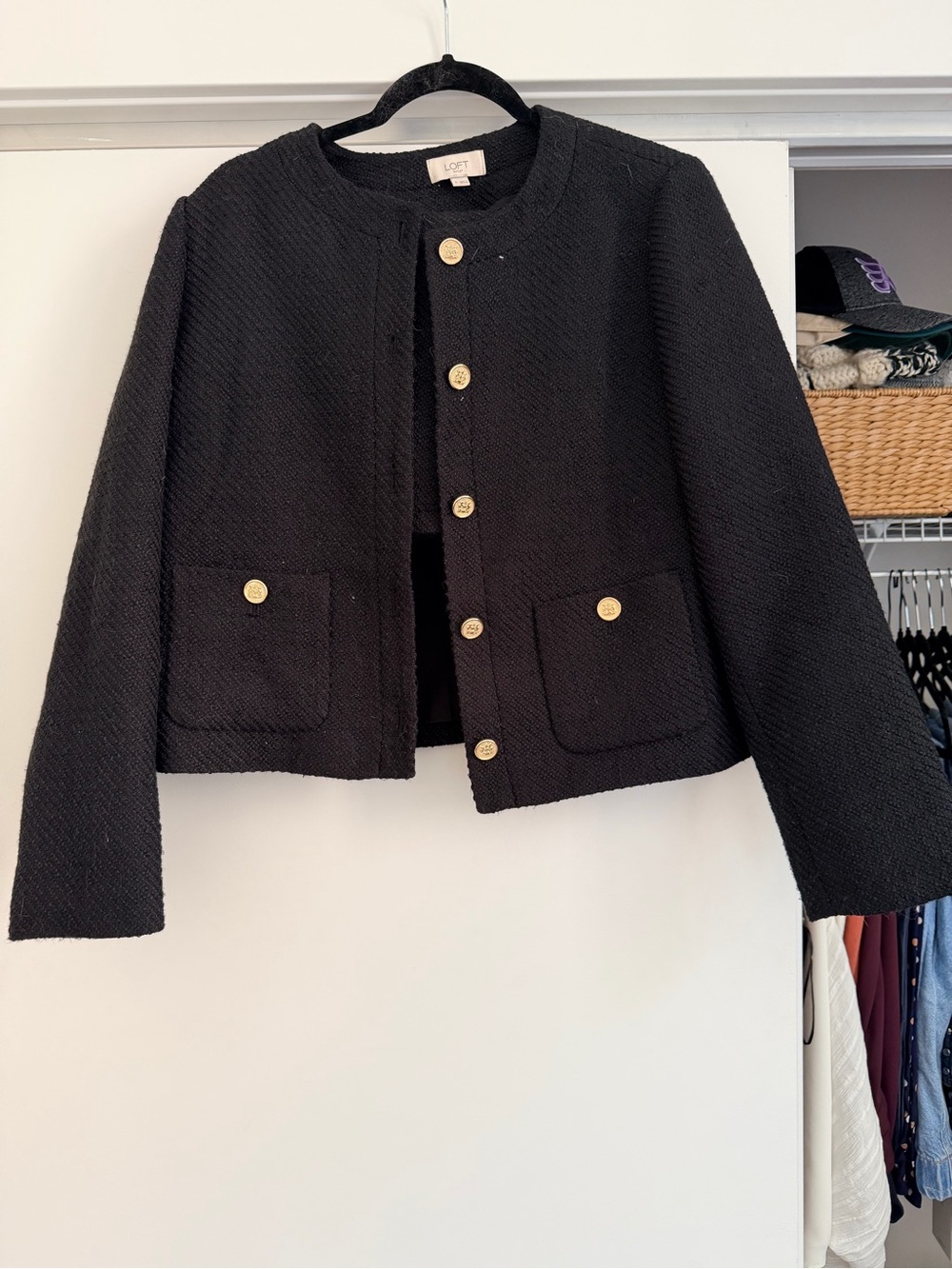 Loft Black Textured Button-Front Cropped Jacket and Skirt Suit
